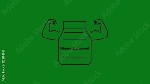 Fitness equipment supplement bottle animation with flexing bicep arms protein