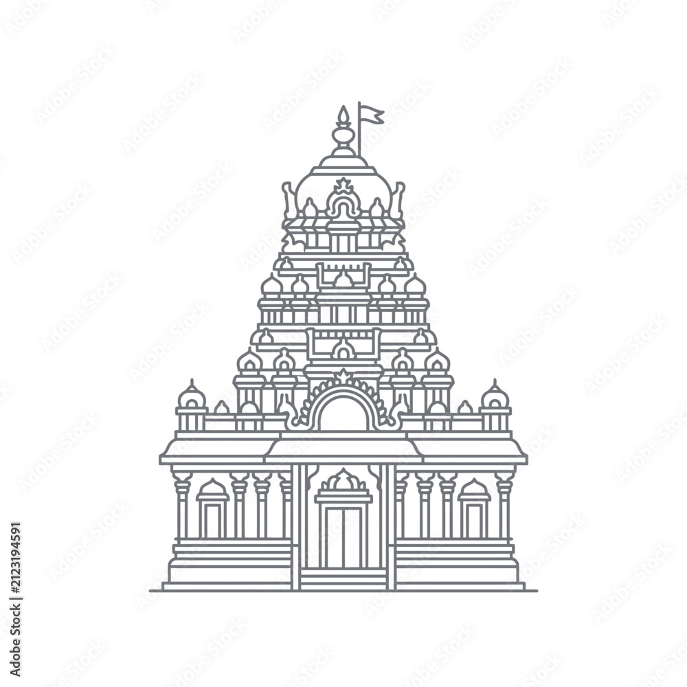 Obraz premium Ornate Indian Temple Gopuram Line Drawing, Traditional Hindu Religious Architecture Vector Illustration
