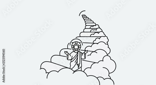 Jesus Christ Ascending Stairway to Heaven, Surrounded by Clouds, Religious Illustration