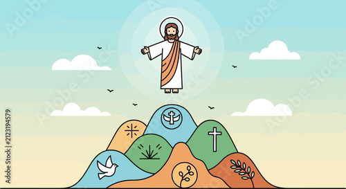 Konstfotografi Jesus Christ Ascending Above Hills with Religious Symbols, Heavenly Light