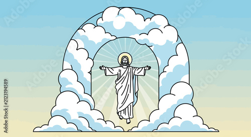 Bild auf Leinwand Jesus Christ Ascending Through Cloudy Archway with Radiant Halo, Heavenly Scene
