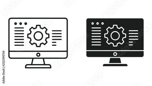 Computer system settings icons. Monitor screen with gear symbol for software configuration.