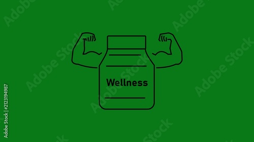 Wellness supplement bottle with flexing bicep arms animation for health and fitness branding nutrition