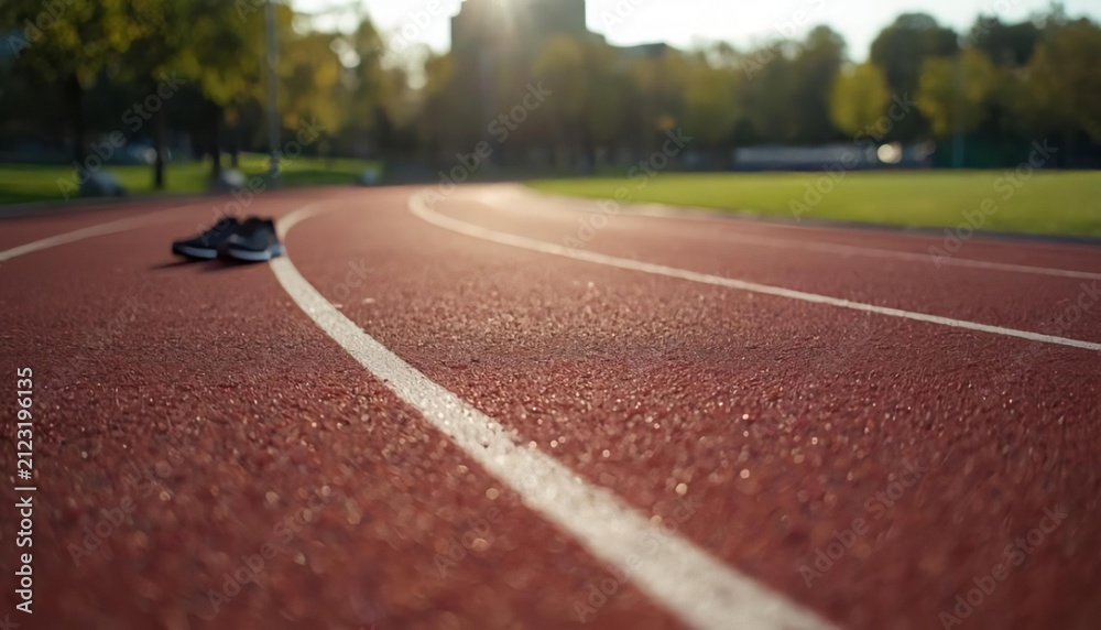 Obraz premium Athletic Track with Running Shoes under Sunlight at Sunset