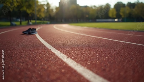 Athletic Track with Running Shoes under Sunlight at Sunset