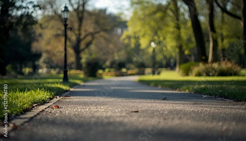 Serene Park Pathway Surrounded by Lush Green Trees and Light Posts