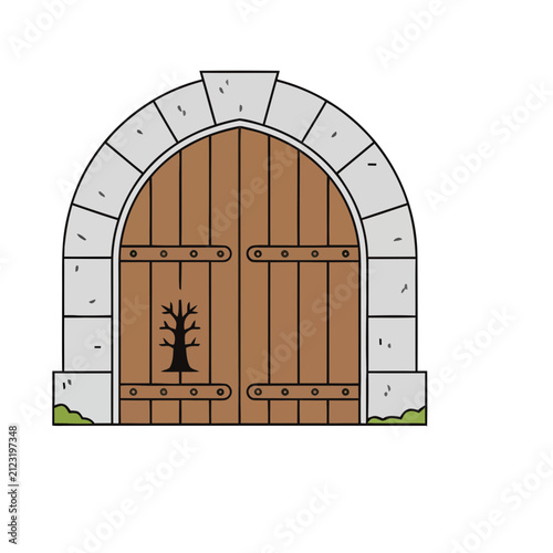 Wooden arched doorway with stone frame