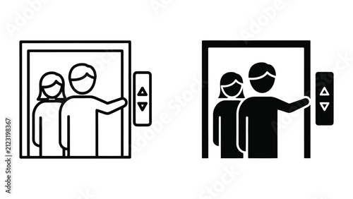 People in elevator icon set. Lift passenger symbols for building floor navigation.