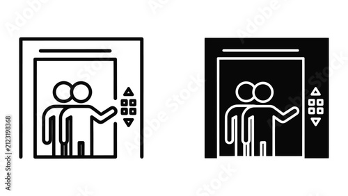 Elevator icon set with people inside. Lift symbol for building navigation and floor access.