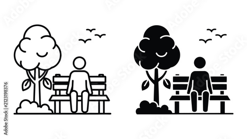 Person sitting on park bench icon. Relaxing human silhouette in nature vector illustration.