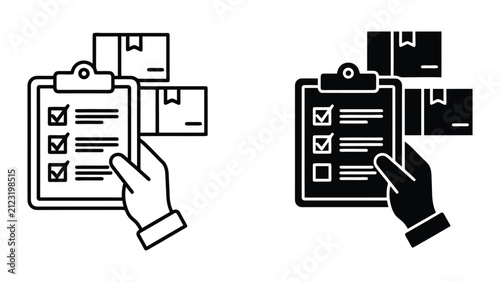 Hand holding clipboard with checklist. Logistics inventory management and delivery icon.