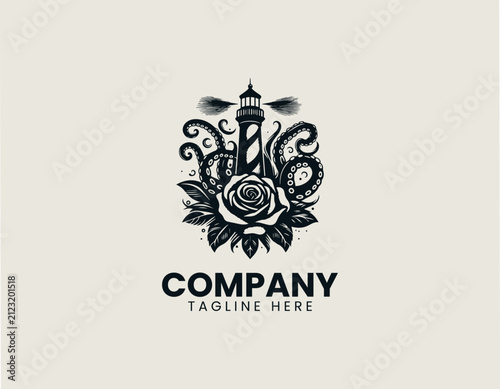 Lighthouse wrapped by octopus tentacles above blooming rose black vector logo illustration