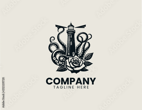 Lighthouse wrapped by octopus tentacles above blooming rose black vector logo illustration
