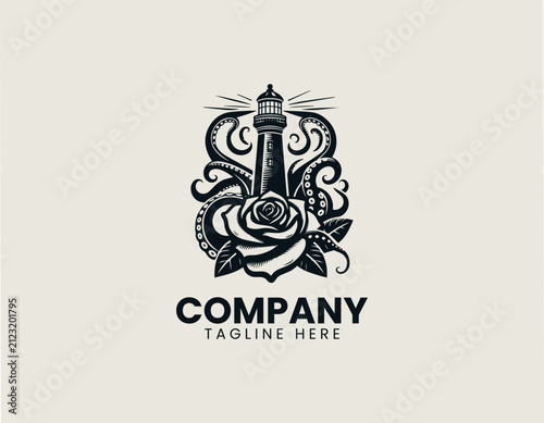 Lighthouse wrapped by octopus tentacles above blooming rose black vector logo illustration