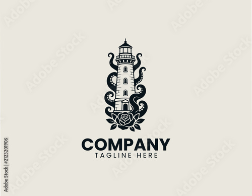 Lighthouse wrapped by octopus tentacles above blooming rose black vector logo illustration