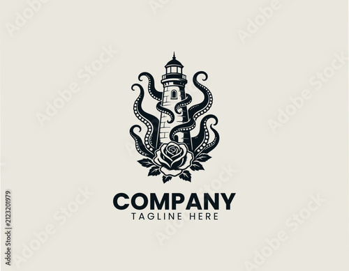 Lighthouse wrapped by octopus tentacles above blooming rose black vector logo illustration