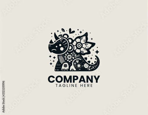 Cute patchwork triceratops with fairy wings and flower black vector logo illustration