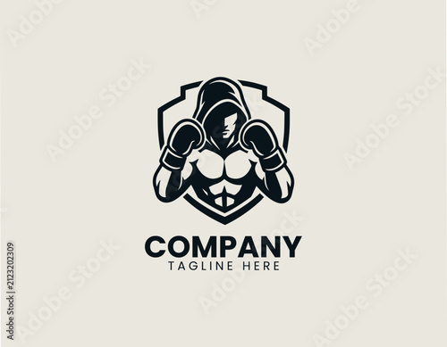 Hooded boxer raising protective gloves inside championship shield black vector logo illustration