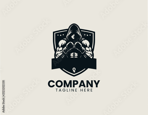 Hooded boxer raising protective gloves inside championship shield black vector logo illustration