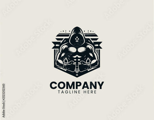 Hooded boxer raising protective gloves inside championship shield black vector logo illustration