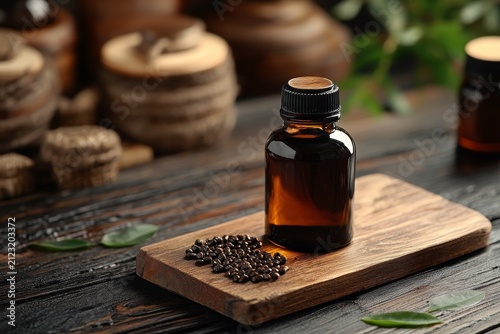 selective focus minimalist food product shot of organic soy sauce in elegant dark bottle