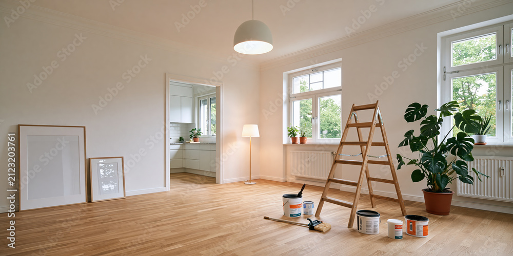Fototapeta premium Renovation of bright empty room with ladder and paint cans