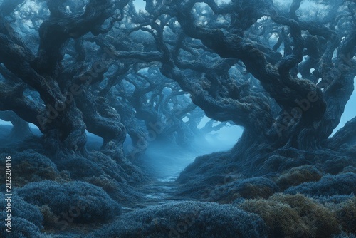 Selective focus mysterious woodland enveloped in thick mist