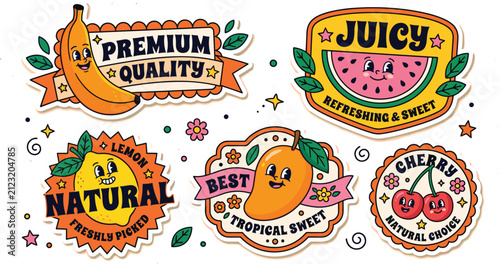 Fruit character sticker set, banana watermelon lemon mango cherries premium tropical natural choice vector artwork