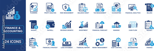 Finance and Accounting Solid Icon Set Featuring Budget Planning, Financial Reporting, Bookkeeping, Tax Management, Revenue Growth, Cash Flow, Audit and Investment Analysis Vector