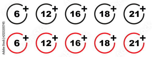 Age Restriction Sign Icon Set Age Limit Symbols 6 Plus to 21 Plus Vector Illustration