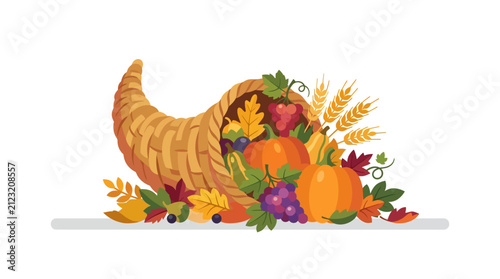 Elegant cornucopia overflowing with pumpkins and grapes celebrating autumn harvest abundance flat design vector illustration