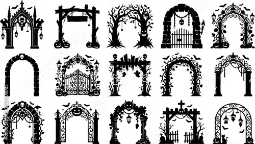 Set of halloween arches and gates silhouettes for spooky party decor vector illustration