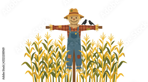 Traditional scarecrow standing in a golden cornfield with crows during harvest season flat design vector illustration.