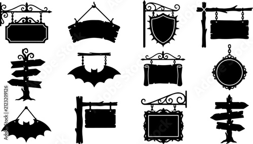 Set of vintage hanging signs and wooden signposts silhouettes vector illustration