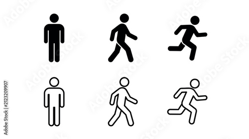 Set of black and white human stick figure icons representing standing walking and running actions
