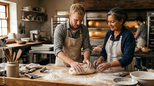 Master Colleague and Fair-haired Caucasian Baker Kneading Dough