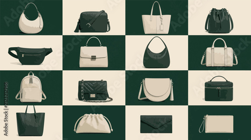 A grid display of various fashionable handbags and purses in neutral tones.