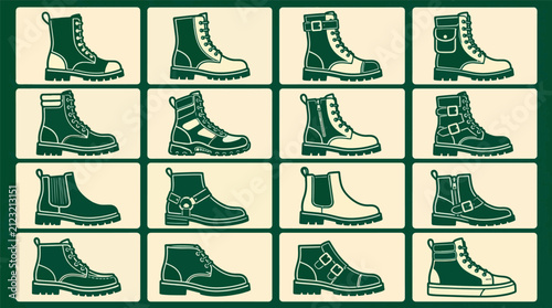 Collection of diverse boot styles including combat, Chelsea, and high top sneakers.