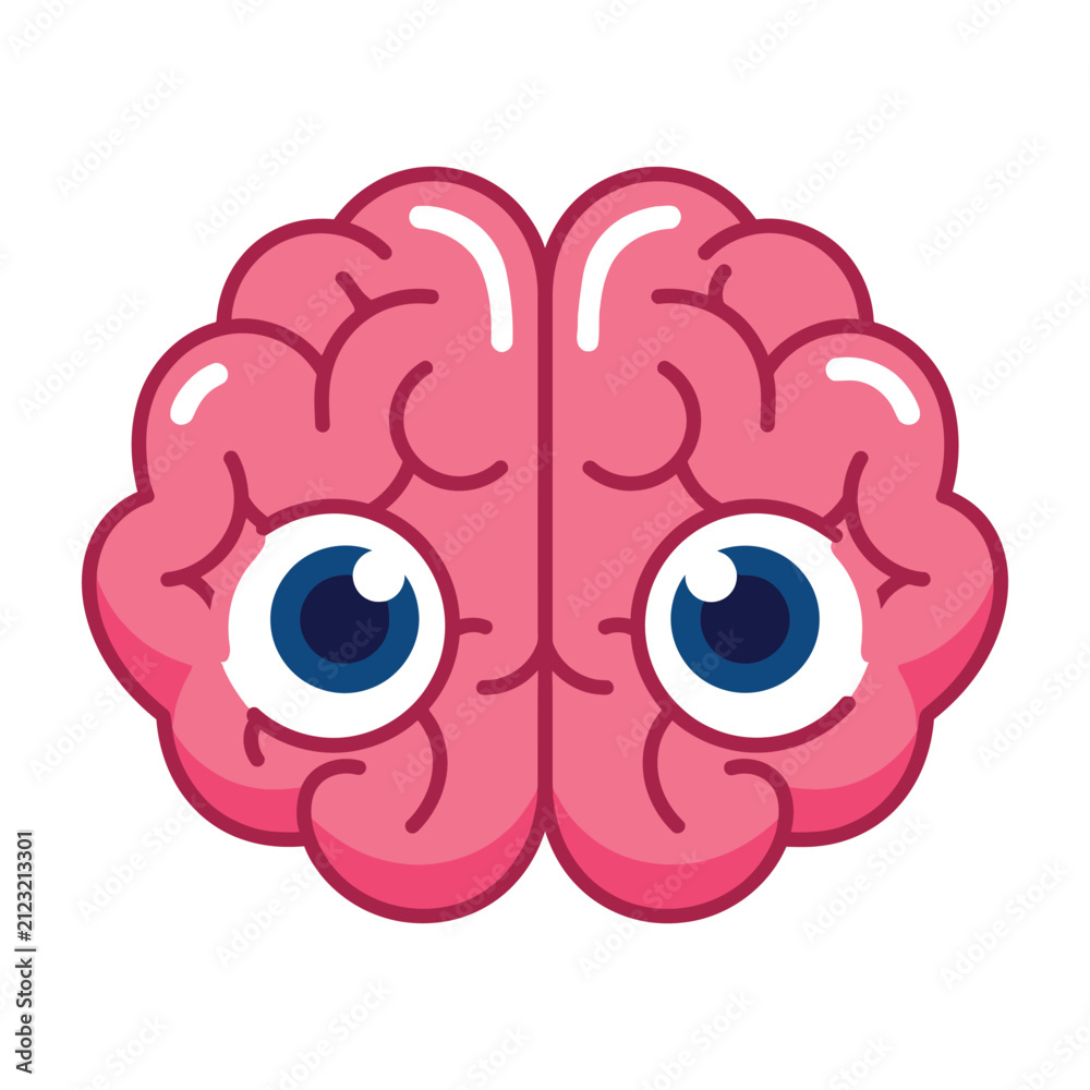 Obraz premium Pink Human Brain Character with Large Blue Eyes Looking Forward Isolated on White