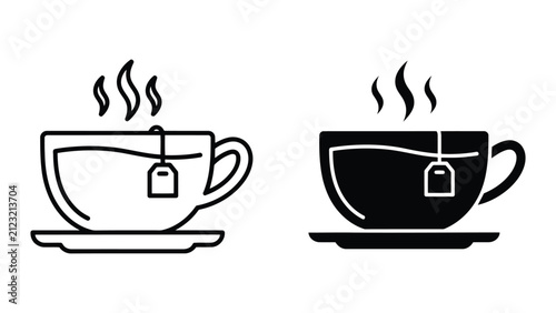 Tea cup icons with tea bag. Hot beverage vector symbols for cafe menu or web design.