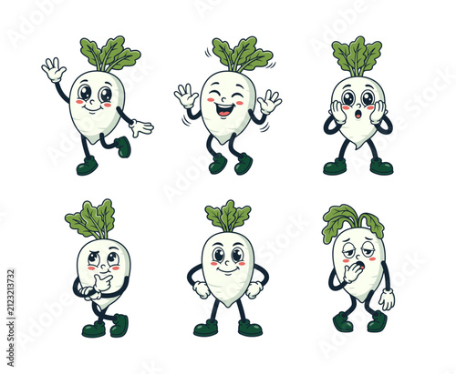 Retro Daikon Radish Cartoon Mascot Character Set