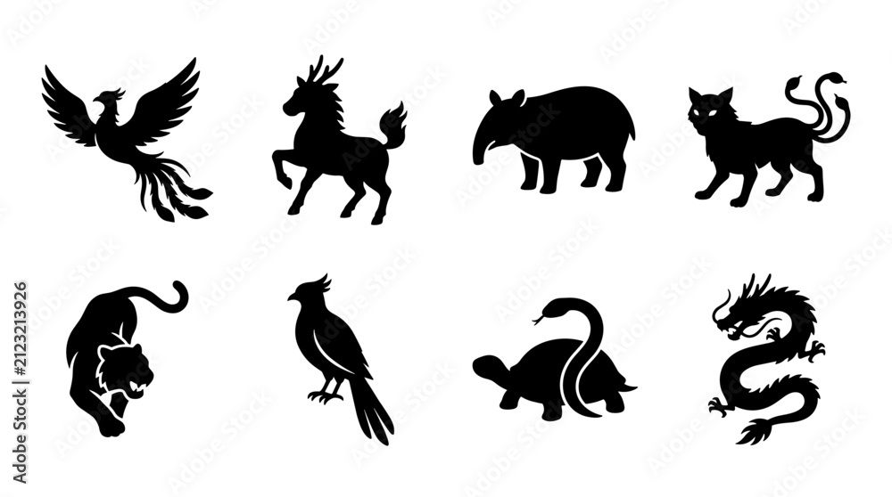 Fototapeta premium Set of silhouettes of mythical creatures and animals including phoenix, dragon, tiger, turtle, bird, and cat, collection for decorative design