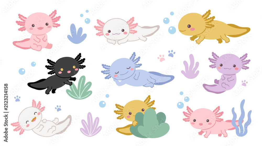 Fototapeta premium Set of cute axolotl characters in various poses with underwater plants and bubbles, colorful aquatic salamander collection for game assets and