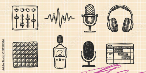Hand drawn vintage black ink scribble doodle vector set of podcast recording audio studio and microphone icons for creative graphic design