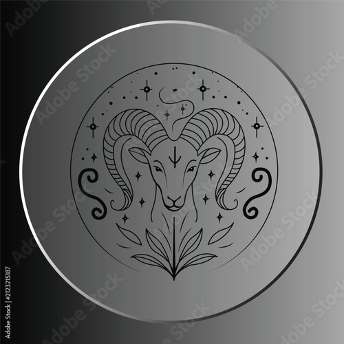 Mystical Aries Zodiac Sign Vector Illustration, Astrological Ram Head Line Art with Stars and Botanical Elements