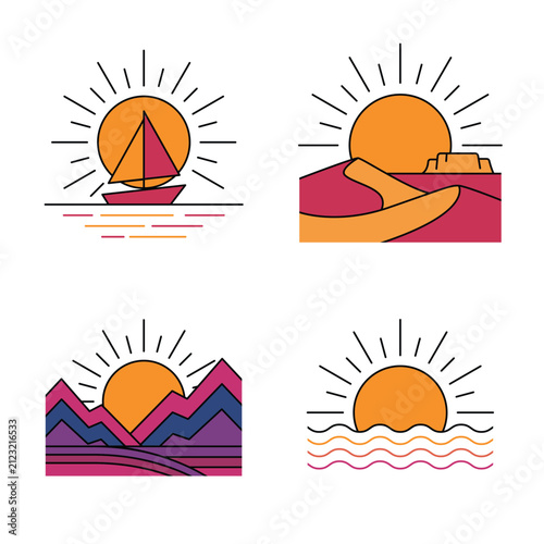 Retro Minimalist Sun Landscape Icon Set
