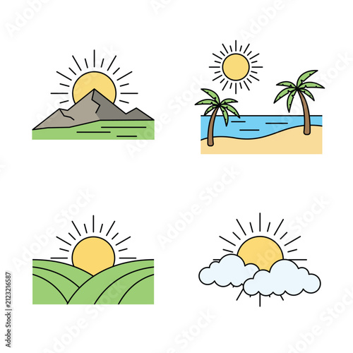 Sun and Landscape Vector Icons Set