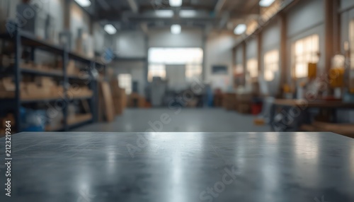 Metal workbench table top in blurred industrial factory workshop for professional product presentation and background.
