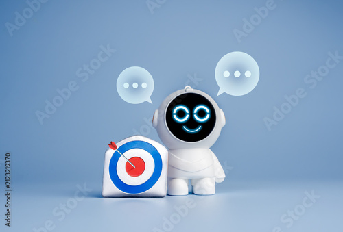Friendly AI robot standing beside target with successful hit. AI business strategy, productivity improvement, intelligent automation, decision support, analytics, optimization, and goal achievement.