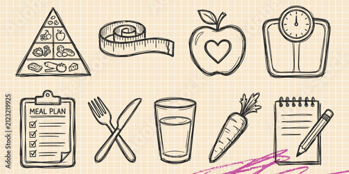 Hand drawn vintage black ink scribble doodle vector set of healthy food nutrition diet vegetables and fruit icons for creative graphic design